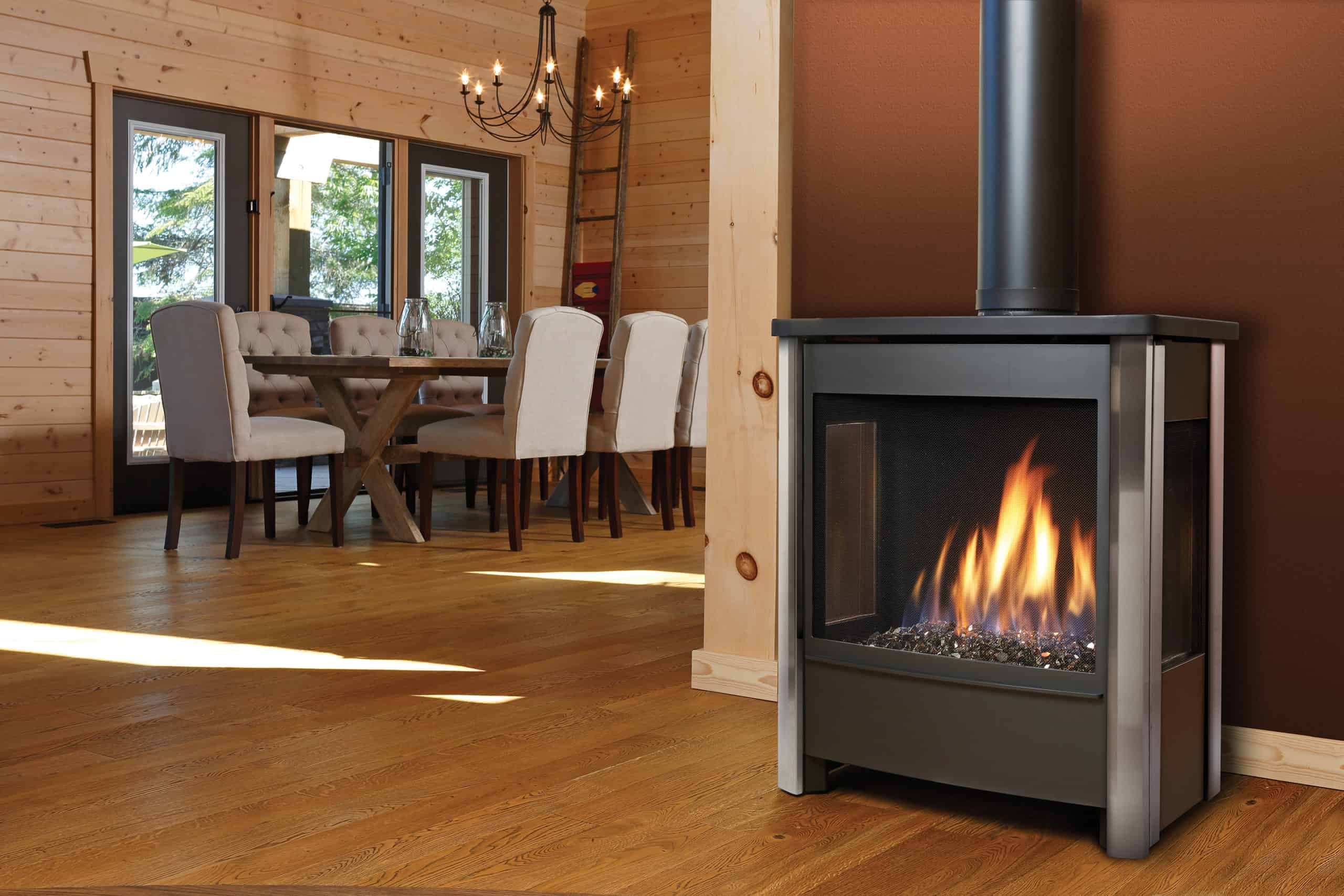 Marquis Vantage freestanding gas stove with three-sided glass and bronze media