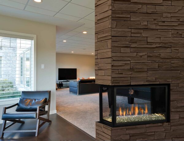 Marquis atrium peninsula gas fireplace with glacier ice media