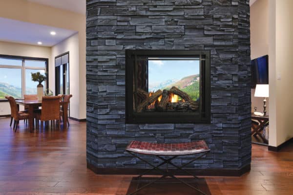 Marquis bentley see-through gas fireplace with oak log set