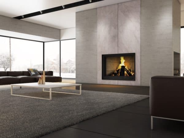 Valcourt fp11 frontenac wood fireplace with contemporary brick panels | safe home fireplace: strathroy & london ontario