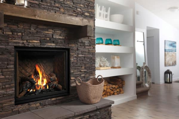 Marquis bentley 42 gas fireplace with oak log set and herringbone liner