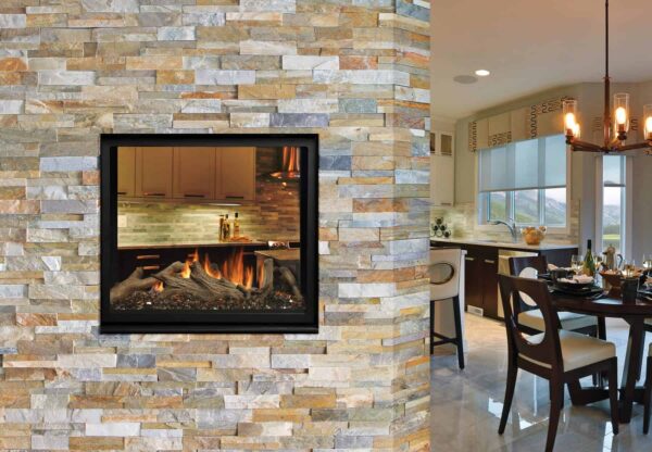 Marquis bentley see-through gas fireplace with driftwood