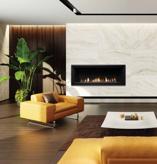 Marquis serene 60" linear gas fireplace with yellow sofa