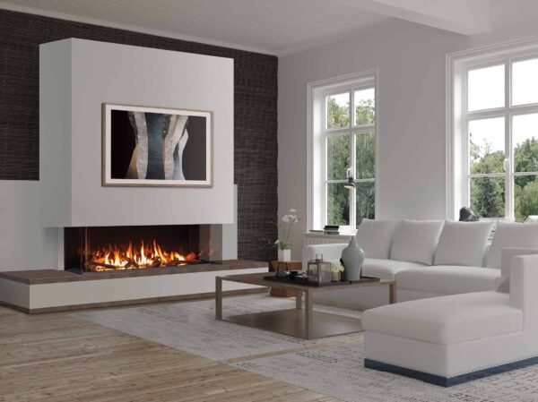 Urbana u70 multi-sided gas fireplace with white surround