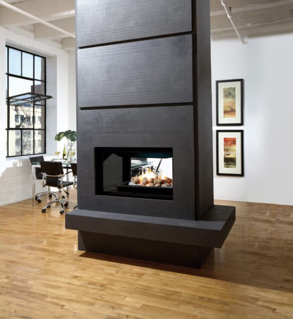 Marquis gemini see through gas fireplace with river rocks