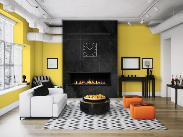 Marquis serene 47" linear gas fireplace with yellow wall and black surround